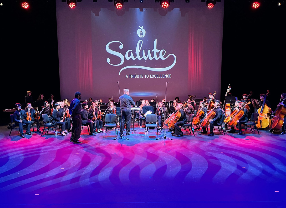 Orchestra at the ready of composer for Salute tribute. Warm and vibrant colors suite the mood.