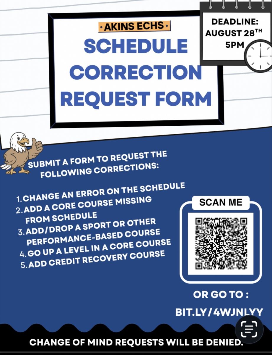 This is a flyer explaining the schedule correction criteria for requesting schedule changes. There is also an image of a QR code that is a link to the schedule change request form. The deadline for submission is August 28th at 5pm.