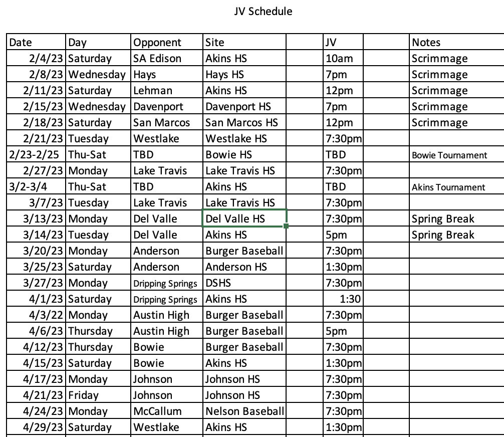 Baseball Schedules Akins Early College High School