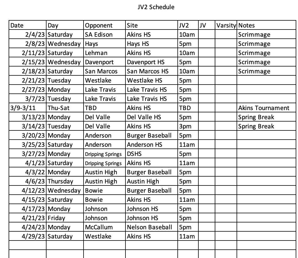 Baseball Schedules Akins Early College High School